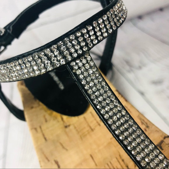 BCBGeneration Crystal T-Strap Buckle Wedge Sandals Maybel Shoes Black Cork 7.5 - Picture 3 of 9